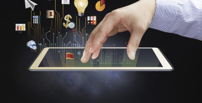Technology-Hand-presenting-business-concept-on-tablet-pc